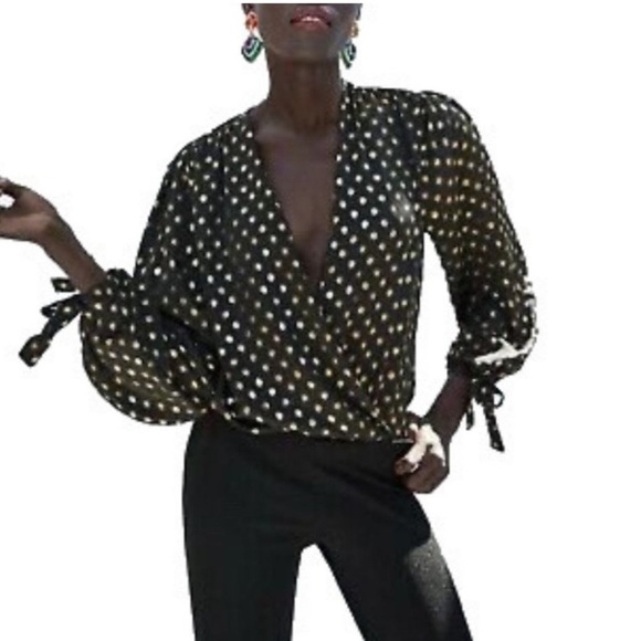 Zara Tops - “ZARA” Gold Polka Dot Wrap Blouse BodySuit